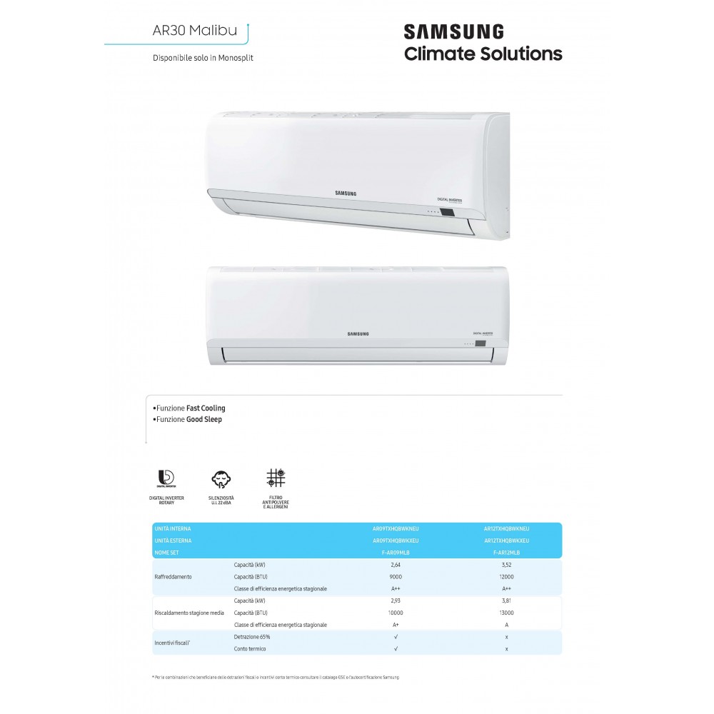 Climatizzatore Condizionatore fisso mono 12000 btu A++/A+ AR30 MALIBÙ Samsung F-AR12MLB Bianco - immagine 2